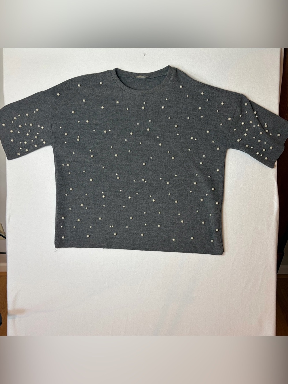 Zara Trafaluc Dark Gray Pearl-Studded Knit‎ Sweater Top/Med